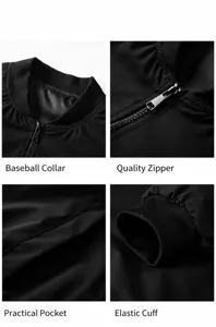Black bomber jacket detail view showing baseball collar, zipper, pocket, and ribbed cuffs.