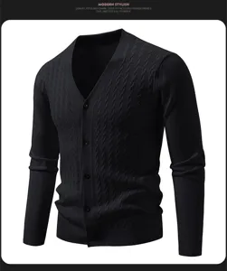 Men's black V-neck knitted cardigan sweater, classic long sleeve button down knitwear.