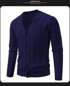 Men's deep blue V-neck knitted cardigan, slim fit long sleeve button-down sweater for daily wear.