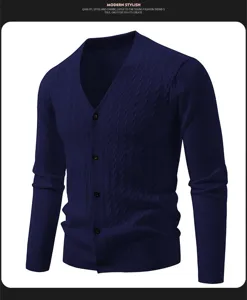 Men's casual deep blue V-neck cable knit cardigan sweater featuring long sleeves and button front.
