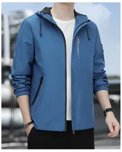 Giacca da uomo blu con cappuccio impermeabile casual antivento tasche con zip moda