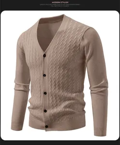 Men's cable knit V-neck cardigan sweater detail, textured button front long sleeve.