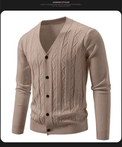 Men's knit cardigan sweater detail view showcasing texture, V-neck, and button design.