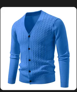 Blue V-neck long sleeve knit cardigan sweater for men, detail shot showing cable texture.