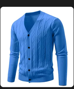 Blue V-neck men's knit cardigan detail showing vertical texture and single-breasted buttons.