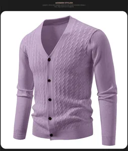 Men's V-neck long sleeve knitted cardigan sweater with cable knit and single-breasted buttons.