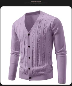 Men's V-Neck Knit Cardigan Slim Fit Long Sleeve Button Down Purple Sweater Top