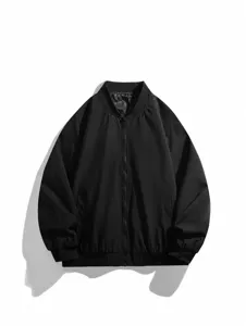 Men's American streetwear bomber jacket stylish windproof baseball collar casual coat black