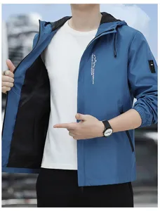 Giacca a Vento con Cappuccio Uomo Casual Sportswear Outdoor Maniche Lunghe Blu Top