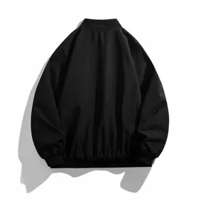 Back view of a classic black bomber jacket, windproof baseball collar casual outerwear.