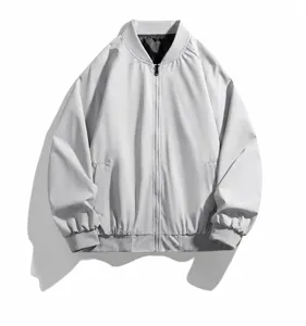 Men's loose light grey bomber jacket, windproof casual baseball collar streetwear coat.
