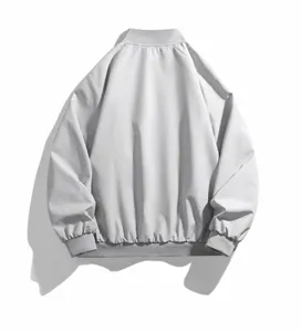 Detailed back view of the casual grey bomber jacket, featuring a ribbed collar and cuffs.