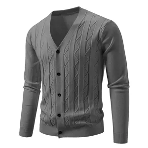 Men's grey V-neck knit cardigan sweater slim fit long sleeve casual daily outerwear top