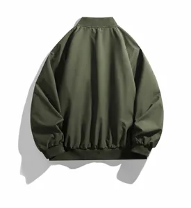 Back view detail of the army green windproof waterproof bomber jacket with classic baseball collar.