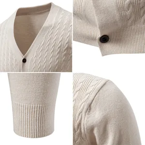 Men Plus Size V-Neck Knitted Cardigan Sweater Casual Solid Color Button Pullover Top