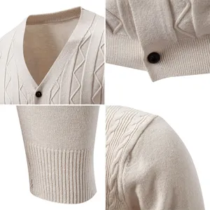 Men casual beige V-neck knit sweater long sleeve classic cardigan detail view fashion apparel