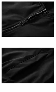 Men's casual bomber jacket detail shot, windproof waterproof fabric, front zipper and pocket.