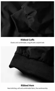 Close-up detail of black bomber jacket sleeve cuff and hem, ribbed elastic design for comfort.