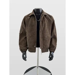 Herren braune Wildleder Kunstleder Bomberjacke, Stehkragen, lässige Biker Oberbekleidung.