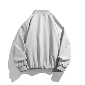 Men's loose fit bomber jacket in grey, stylish streetwear baseball collar flight coat back view.