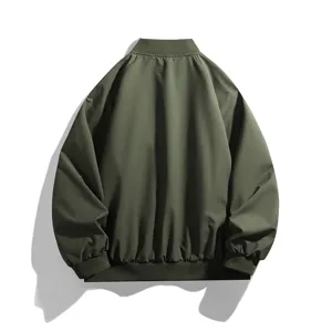 Men's green bomber jacket, classic baseball collar, windproof casual loose outerwear back view