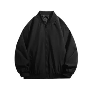 Men's Black Bomber Jacket Casual Windproof Baseball Collar Loose Outerwear Main View