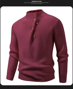 Close-up of men's burgundy knit sweater with chic mock neck and stylish golden button details.