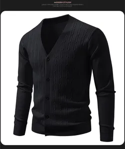 Men's casual black V-neck knitted cardigan sweater, classic solid color long sleeve button-up top.