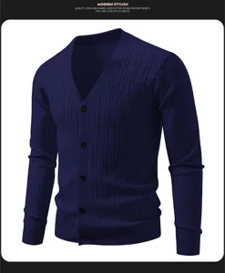 Men's casual solid color V-neck knitted cardigan long sleeve button up sweater knitwear.