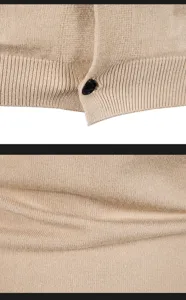 Close-up detail shot of the stylish khaki knitted fabric, showing fine texture and ribbed hem.