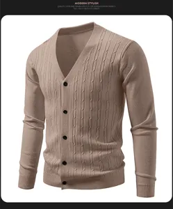 Detailed view of men khaki V-neck knitted cardigan with vertical texture and button closure.