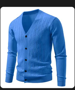 Men's solid blue cable knit V-neck cardigan detail showing button closure and texture.