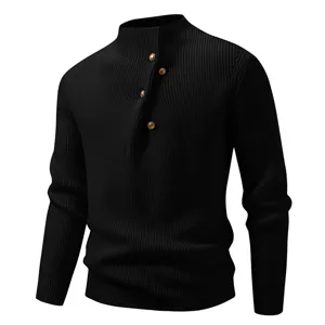 Men's Black Mock Neck Knit Sweater Pullover with Gold Buttons Casual Slim Fit Winter Top