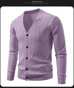 Men's casual solid color V-neck knitted cardigan detail, featuring vertical knit texture and buttons.