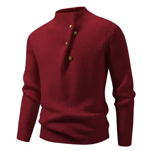 Men's stylish mock neck knit sweater in burgundy with chic buttons, comfortable plus size pullover.