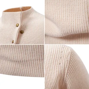 Beige men's knitted sweater detail view, mock neck with buttons, casual pullover.