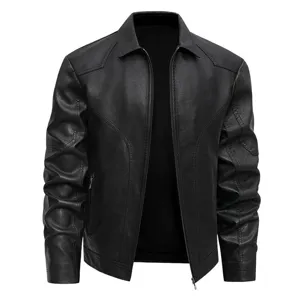 Zwarte kunstledzen herenjas casual herfst winter bovenkleding bikerjas met ritssluiting stijlvol.