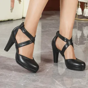 Retro Mary Jane plateau scarpe decollete nere con tacco largo e cinturini incrociati