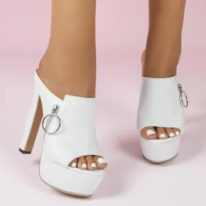 White platform high heel mules with side zipper and metal ring detail, main view.