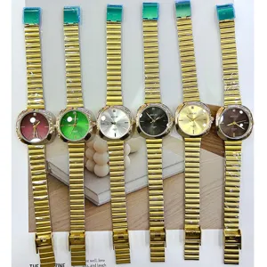 Vintage style bamboo metal strap quartz watch detail shot showcasing multiple vibrant dial colors.