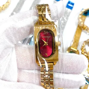 Elegante rechteckige Damen-Quarzuhr mit rotem Zifferblatt und goldenem Gliederarmband.