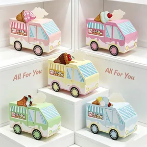 Detalle de cajas de caramelos camión de helados, regalo de papel para fiesta.
