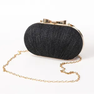 Women Fine Glitter Evening Bag Elegant Bow Metallic Frame Clutch Crossbody Shoulder Bag For Party Wedding