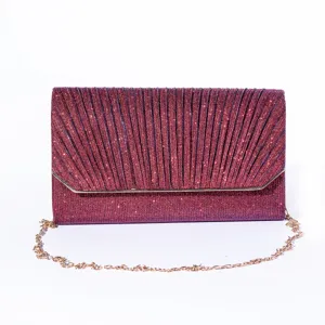 Sparkly glitter evening clutch bag with chic pleats, elegant gold tone chain and metal trim.