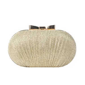 Gold glitter evening clutch bag with metallic bow knot for women elegant party prom purse
