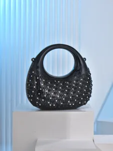 Black acrylic crescent evening bag with sparkling rhinestones for party wedding detailed view