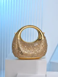 Gold metallic rhinestone crescent evening bag mini party handbag chic sparkling purse