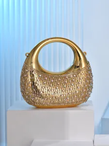 Gold metallic crescent evening bag with dazzling rhinestones, elegant party handbag.