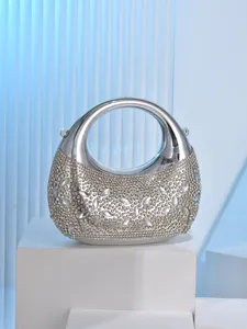 Metallic rhinestone crescent evening bag for women, sparkling mini party clutch handbag.