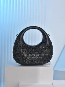 Black acrylic crescent evening bag with sparkling black rhinestones, elegant mini clutch for banquet.